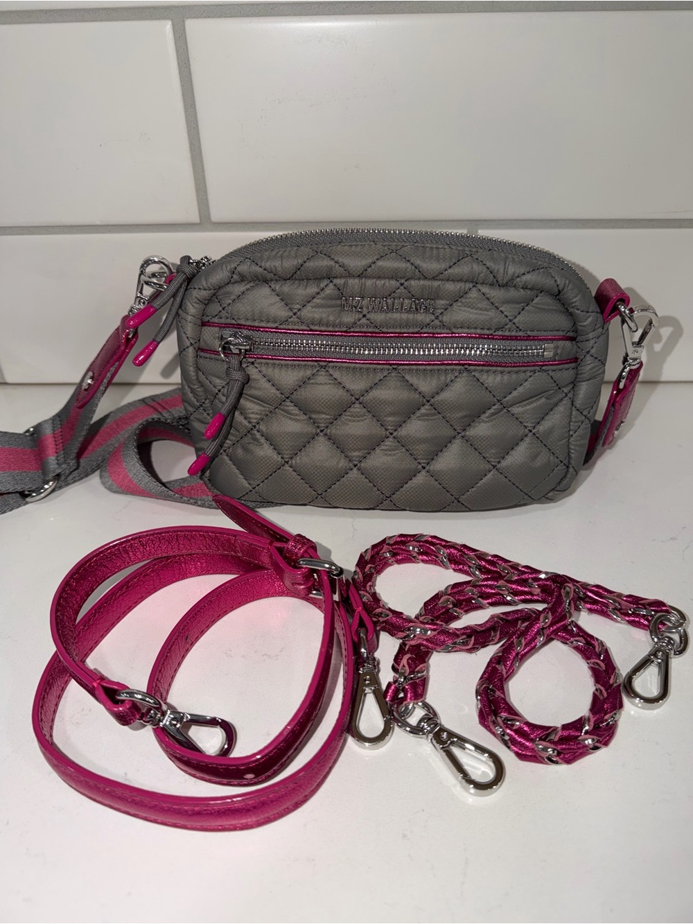 MZ Wallace Quilted Gray Crossbody with Pink Trim